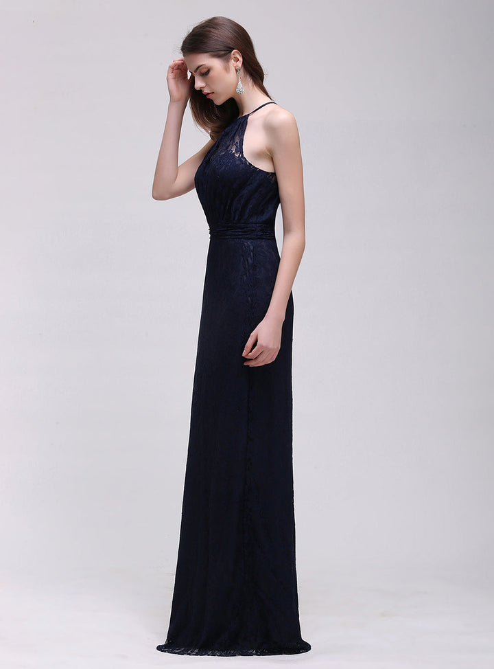 A-line Halter Lace Floor-Length Dress Navy Blue-koscy