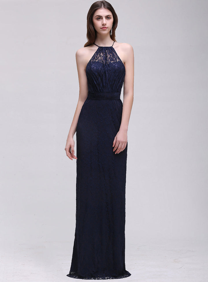 A-line Halter Lace Floor-Length Dress Navy Blue-koscy