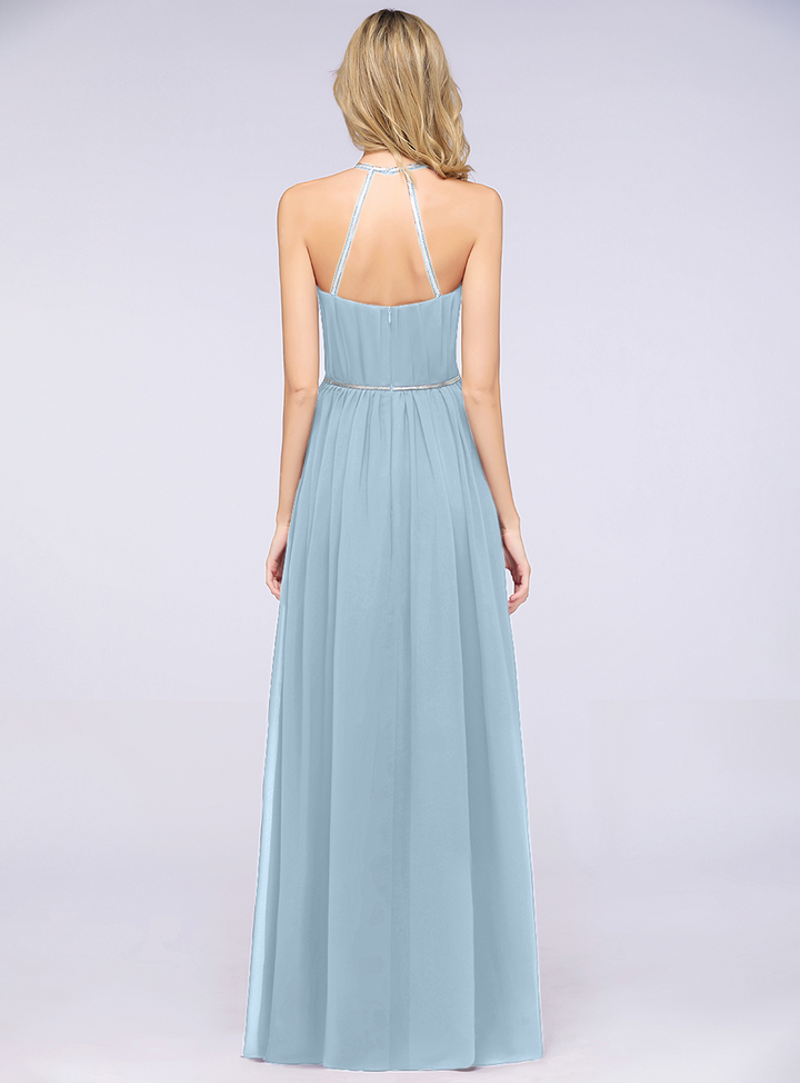 A-line Halter Pleated Chiffon Floor-Length Dress-koscy