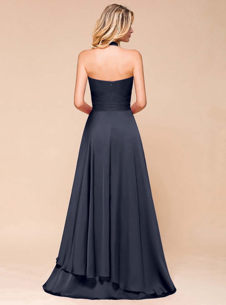 A-line Halter Pleated Chiffon Floor-Length Dress-koscy