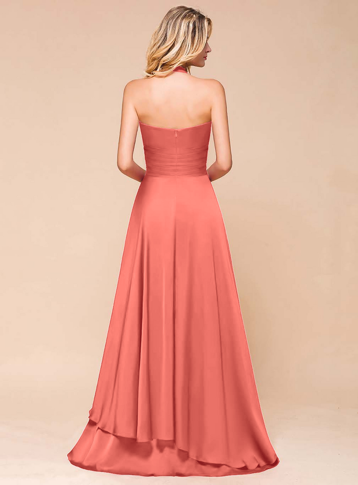 A-line Halter Pleated Chiffon Floor-Length Dress-koscy