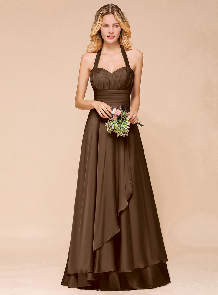 A-line Halter Pleated Chiffon Floor-Length Dress-koscy