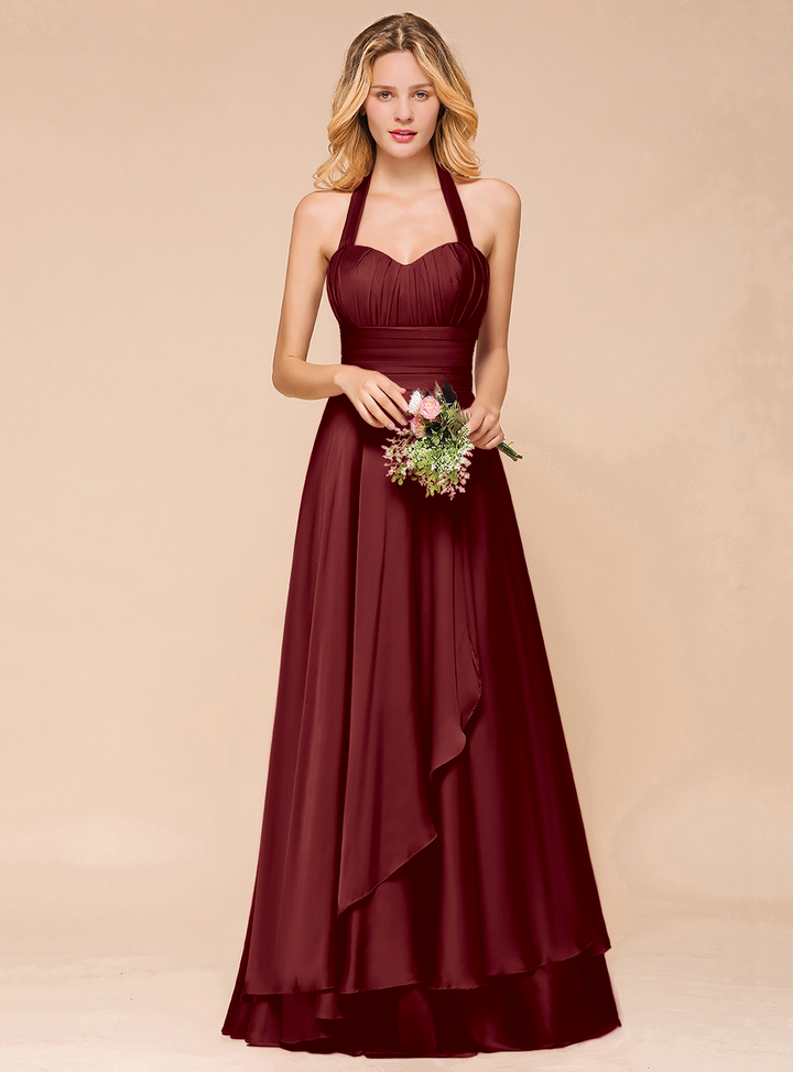 A-line Halter Pleated Chiffon Floor-Length Dress-koscy