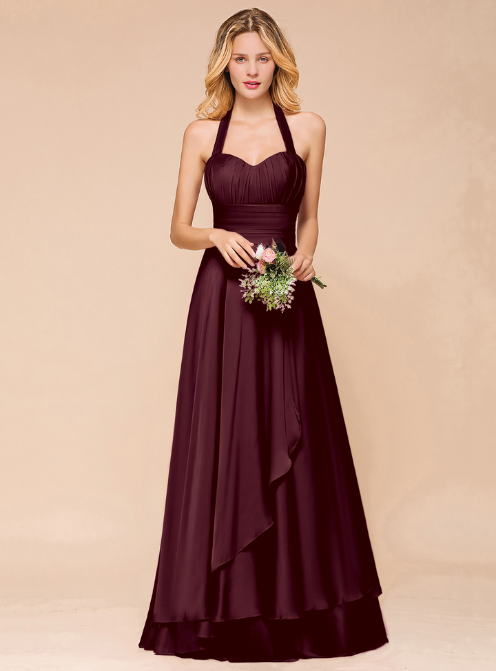 A-line Halter Pleated Chiffon Floor-Length Dress-koscy