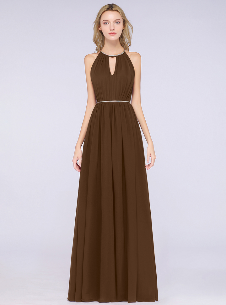 A-line Halter Pleated Chiffon Floor-Length Dress-koscy