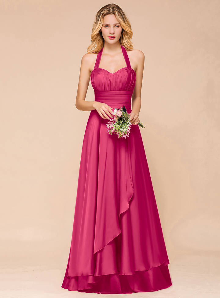 A-line Halter Pleated Chiffon Floor-Length Dress-koscy