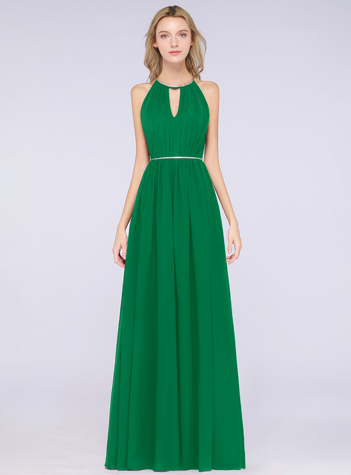 A-line Halter Pleated Chiffon Floor-Length Dress-koscy