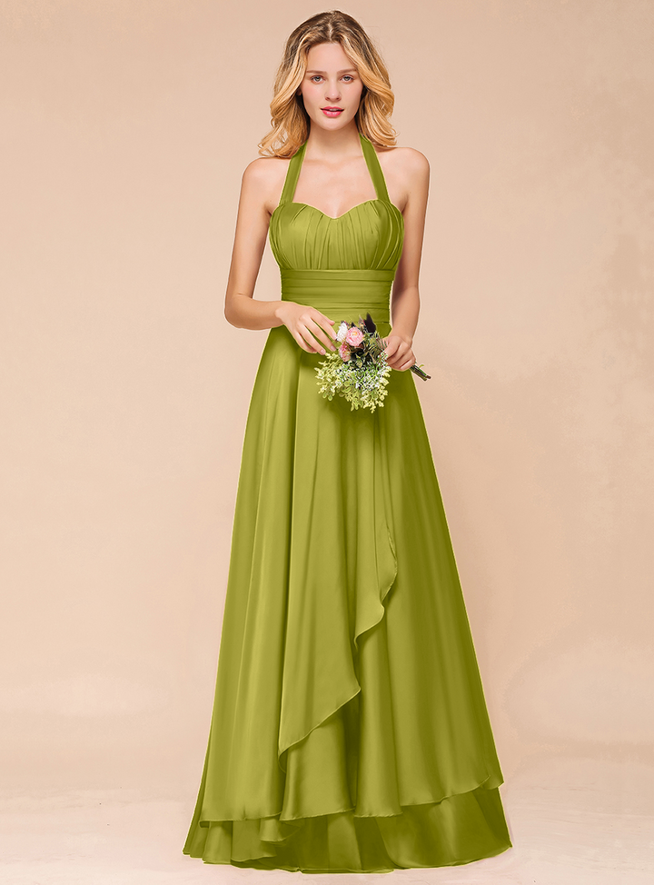 A-line Halter Pleated Chiffon Floor-Length Dress-koscy