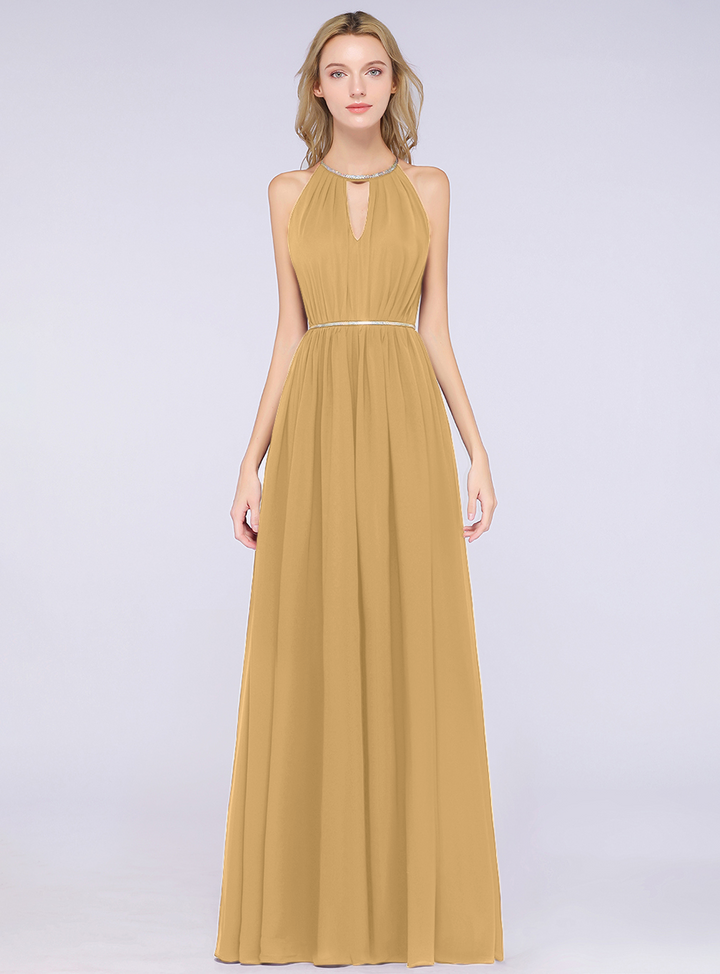 A-line Halter Pleated Chiffon Floor-Length Dress-koscy