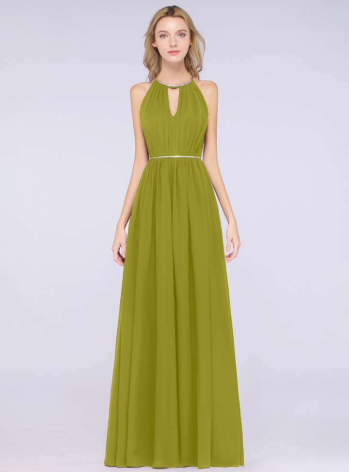 A-line Halter Pleated Chiffon Floor-Length Dress-koscy