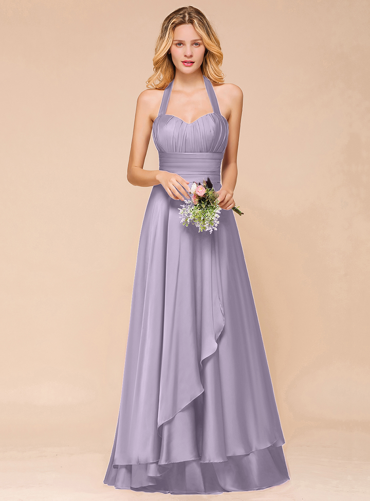 A-line Halter Pleated Chiffon Floor-Length Dress-koscy