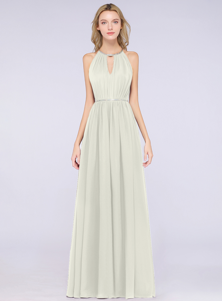 A-line Halter Pleated Chiffon Floor-Length Dress-koscy