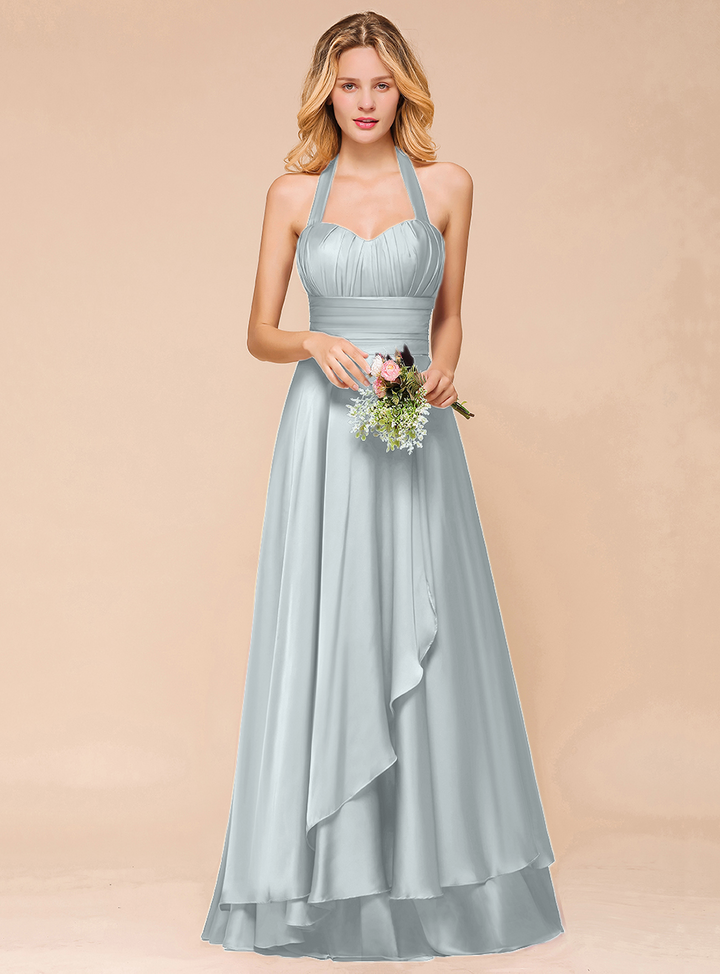 A-line Halter Pleated Chiffon Floor-Length Dress-koscy