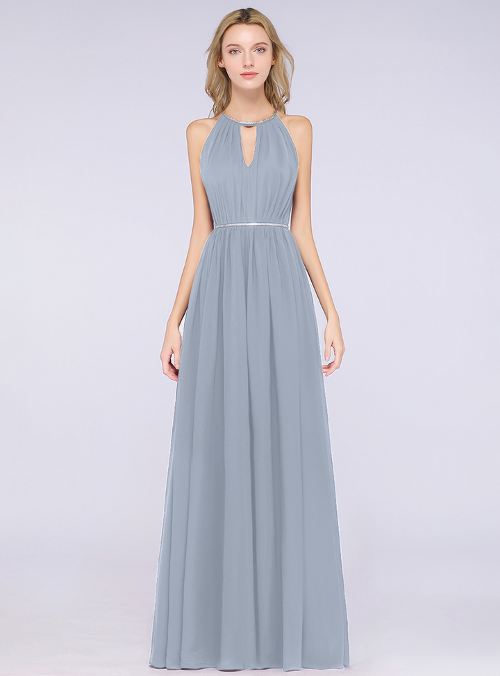 A-line Halter Pleated Chiffon Floor-Length Dress-koscy