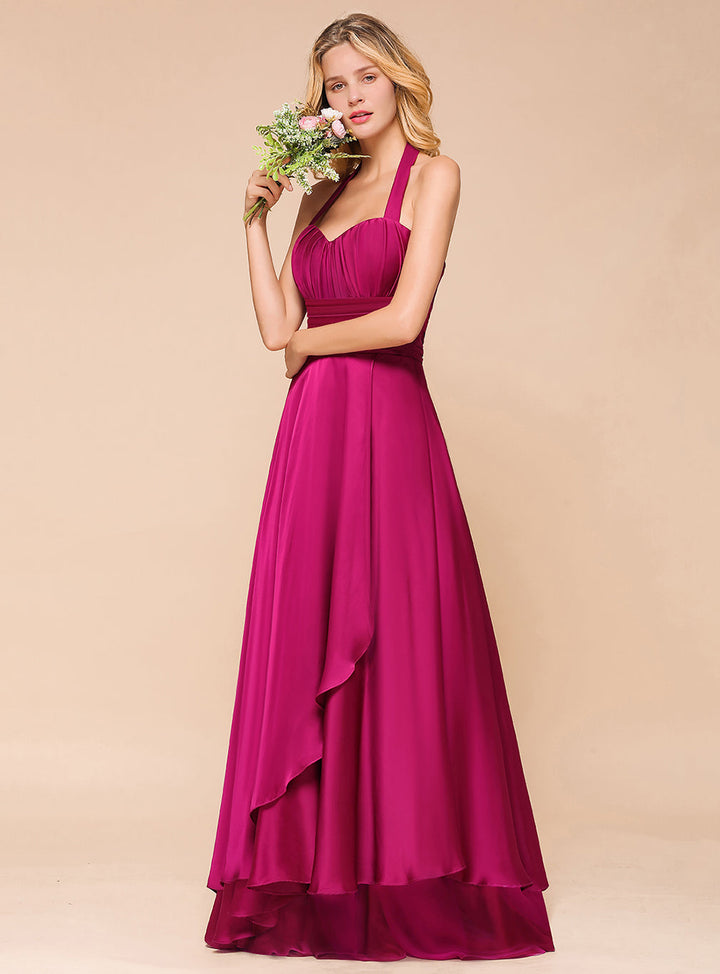 A-line Halter Pleated Chiffon Floor-Length Dress-koscy