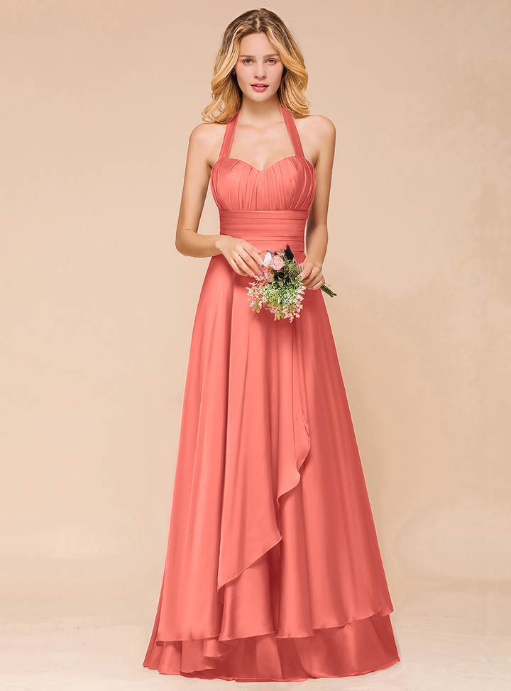 A-line Halter Pleated Chiffon Floor-Length Dress-koscy