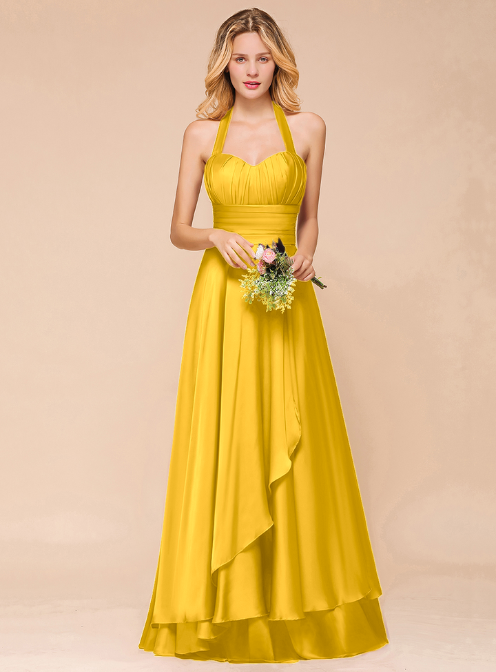 A-line Halter Pleated Chiffon Floor-Length Dress-koscy