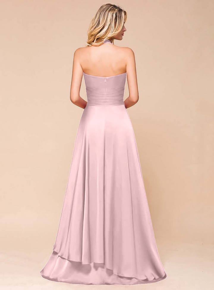 A-line Halter Pleated Chiffon Floor-Length Dress-koscy