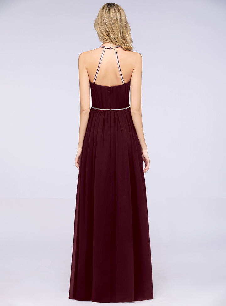 A-line Halter Pleated Chiffon Floor-Length Dress-koscy