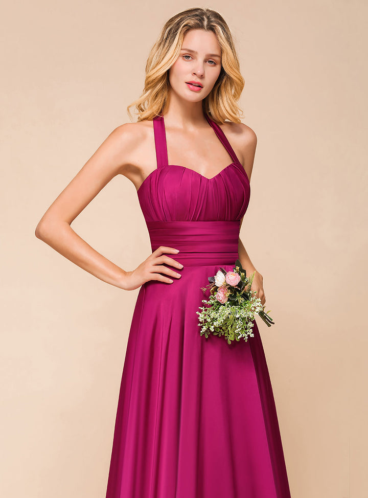 A-line Halter Pleated Chiffon Floor-Length Dress-koscy