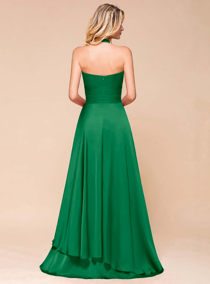 A-line Halter Pleated Chiffon Floor-Length Dress-koscy