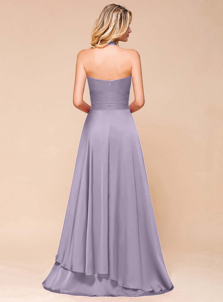 A-line Halter Pleated Chiffon Floor-Length Dress-koscy