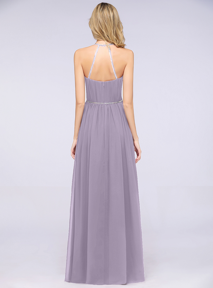 A-line Halter Pleated Chiffon Floor-Length Dress-koscy