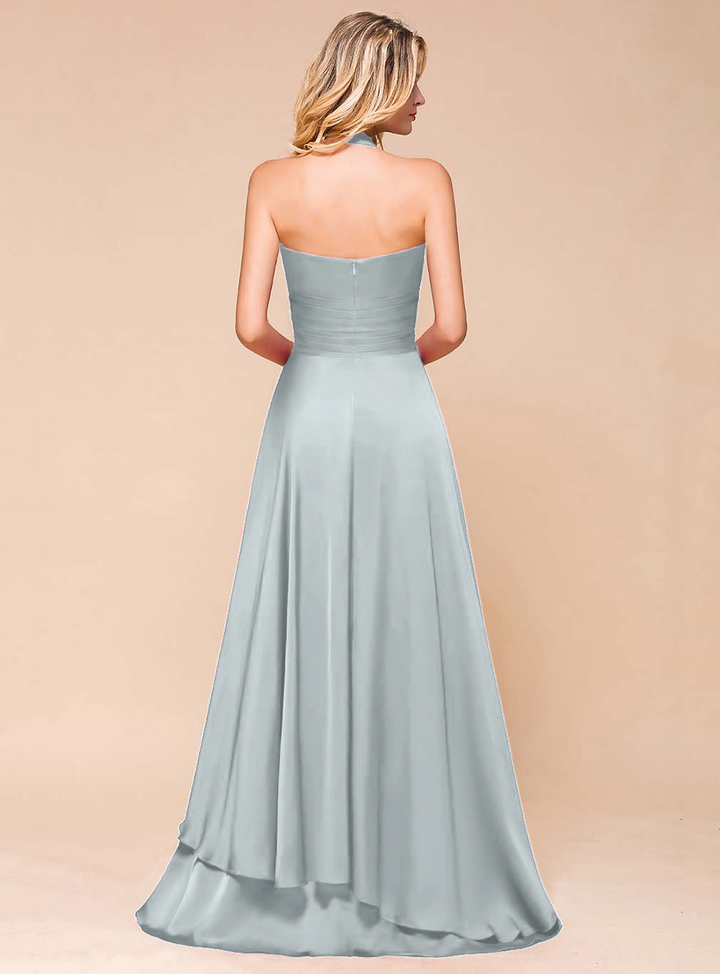 A-line Halter Pleated Chiffon Floor-Length Dress-koscy