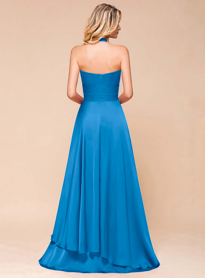 A-line Halter Pleated Chiffon Floor-Length Dress-koscy