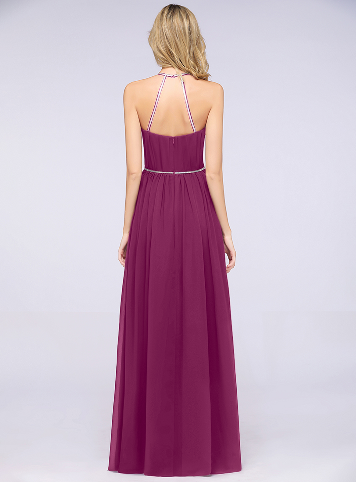 A-line Halter Pleated Chiffon Floor-Length Dress-koscy