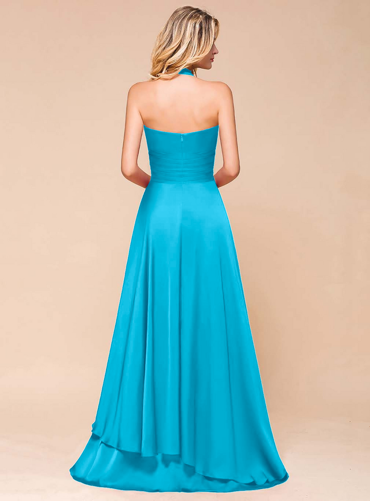 A-line Halter Pleated Chiffon Floor-Length Dress-koscy