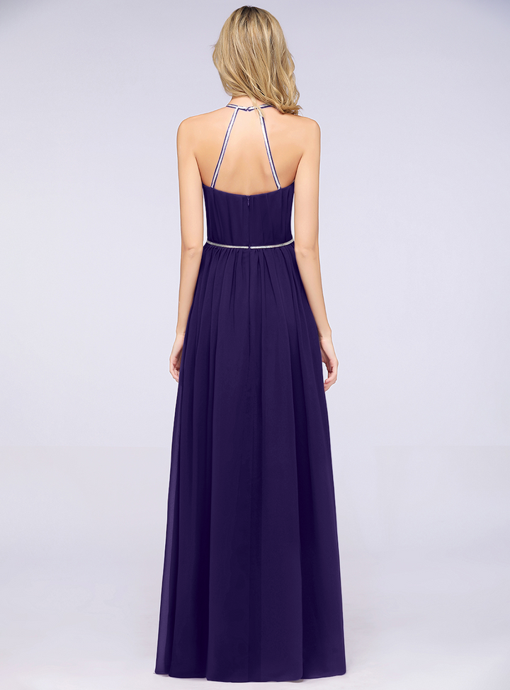 A-line Halter Pleated Chiffon Floor-Length Dress-koscy