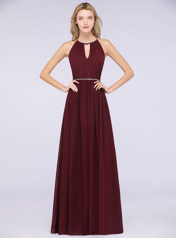 A-line Halter Pleated Chiffon Floor-Length Dress-koscy