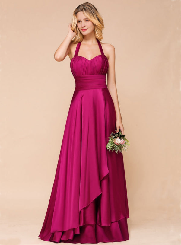 A-line Halter Pleated Chiffon Floor-Length Dress-koscy