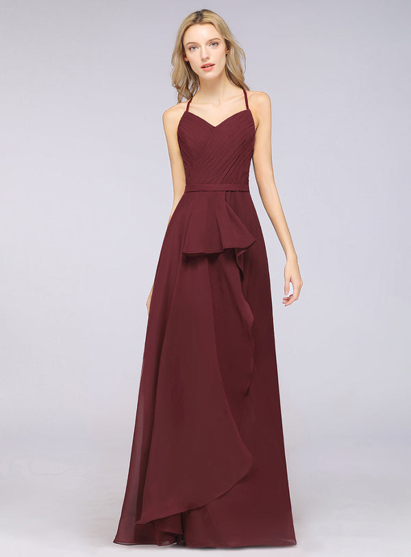 A-line Halter Pleated Chiffon Floor-Length Dress Burgundy-koscy