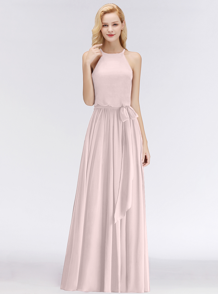 A-line Halter Ruched Chiffon Floor-Length Dress-koscy