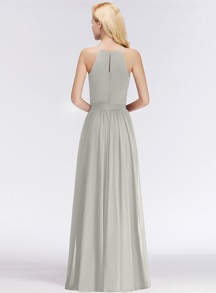 A-line Halter Ruched Chiffon Floor-Length Dress-koscy