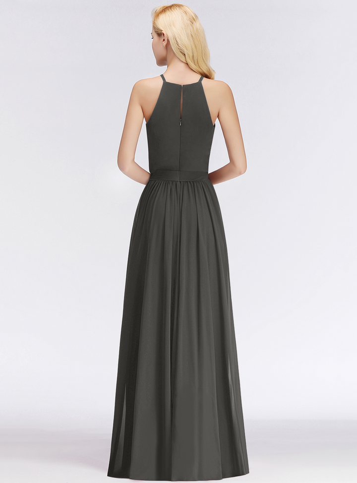 A-line Halter Ruched Chiffon Floor-Length Dress-koscy