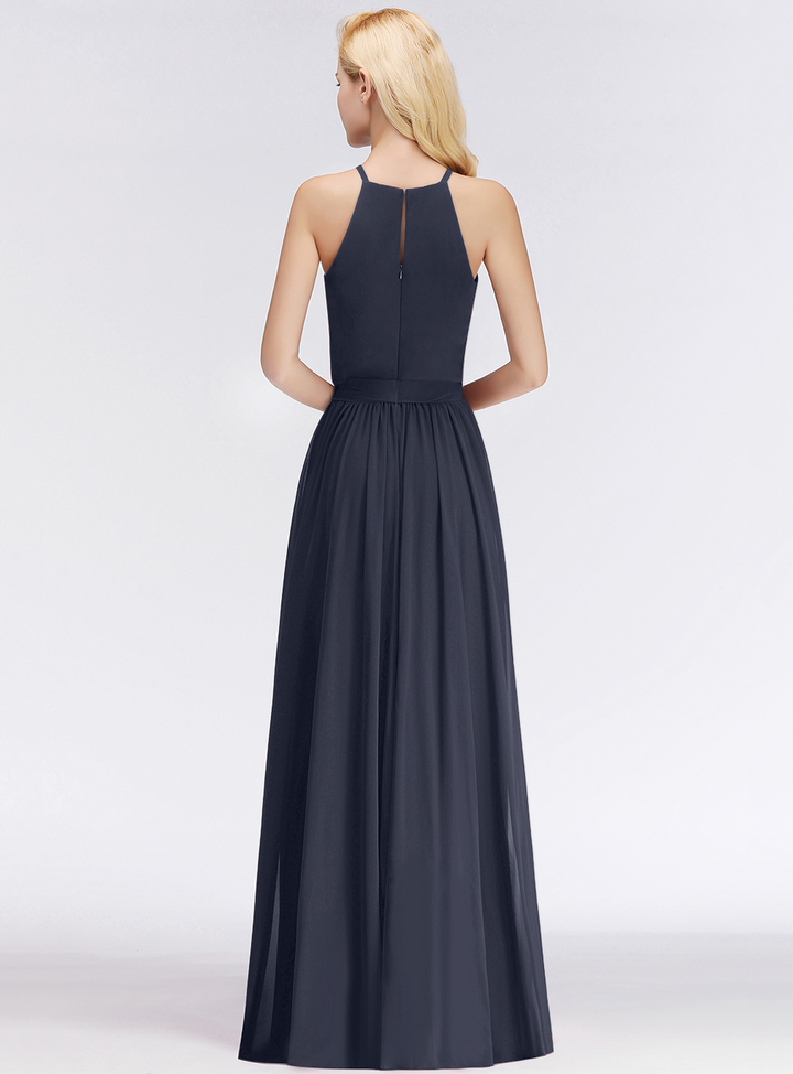 A-line Halter Ruched Chiffon Floor-Length Dress-koscy