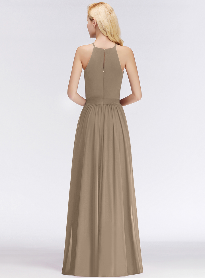 A-line Halter Ruched Chiffon Floor-Length Dress-koscy