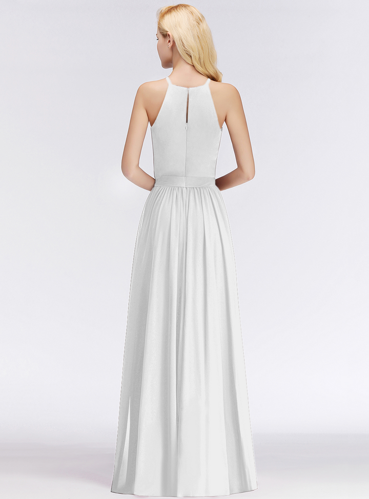 A-line Halter Ruched Chiffon Floor-Length Dress-koscy