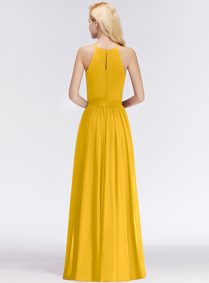 A-line Halter Ruched Chiffon Floor-Length Dress-koscy