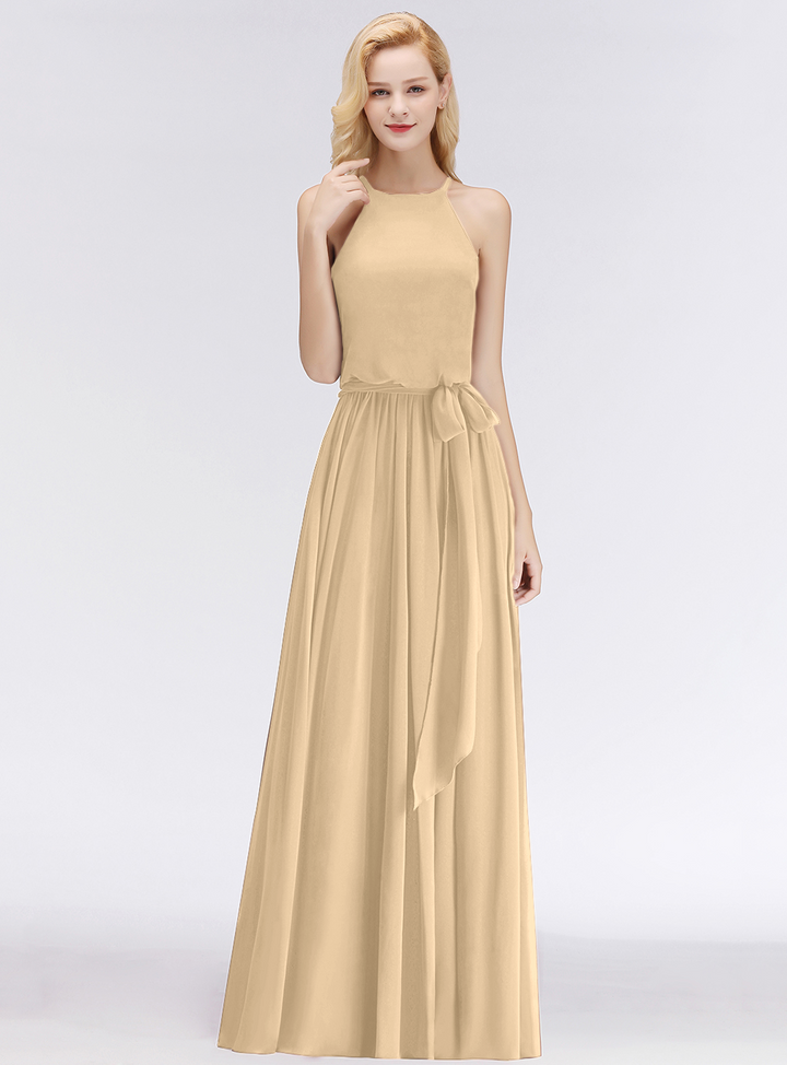 A-line Halter Ruched Chiffon Floor-Length Dress-koscy