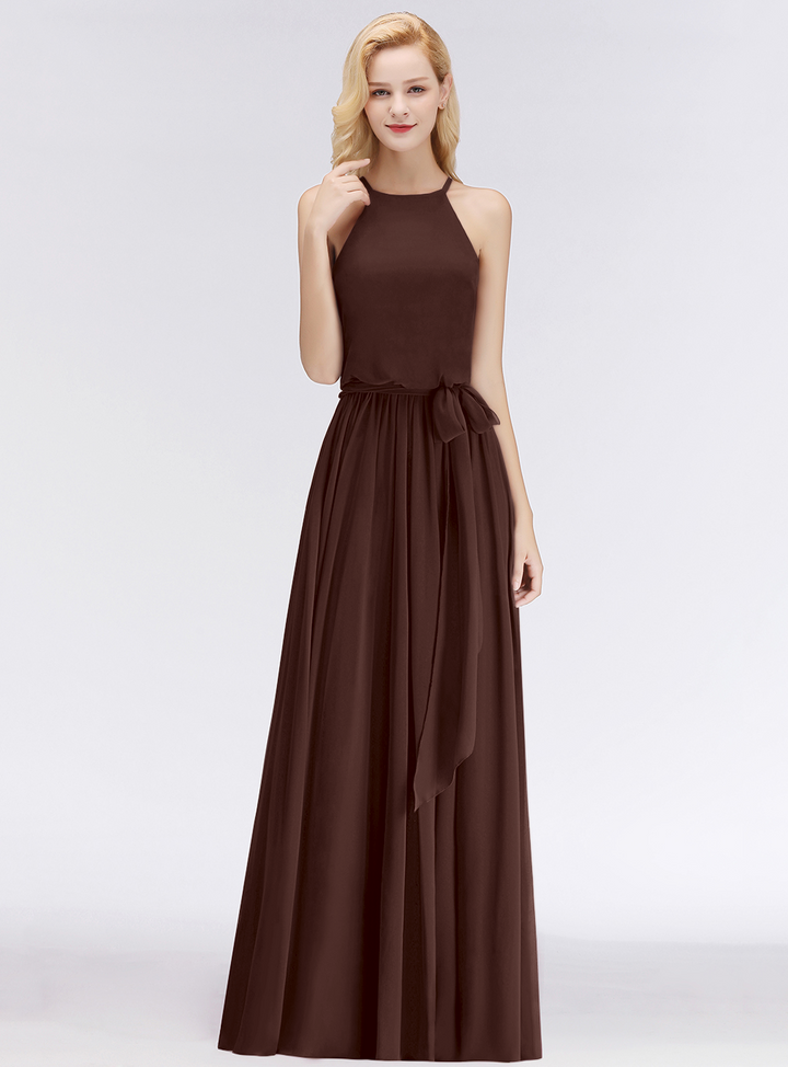 A-line Halter Ruched Chiffon Floor-Length Dress-koscy