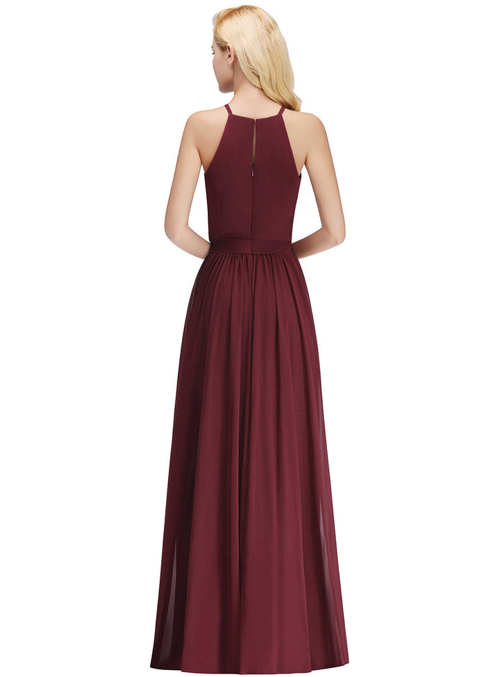 A-line Halter Ruched Chiffon Floor-Length Dress-koscy