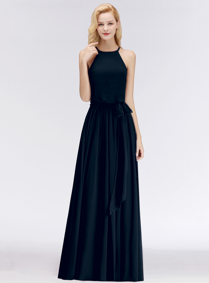 A-line Halter Ruched Chiffon Floor-Length Dress-koscy