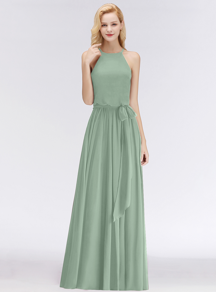 A-line Halter Ruched Chiffon Floor-Length Dress-koscy