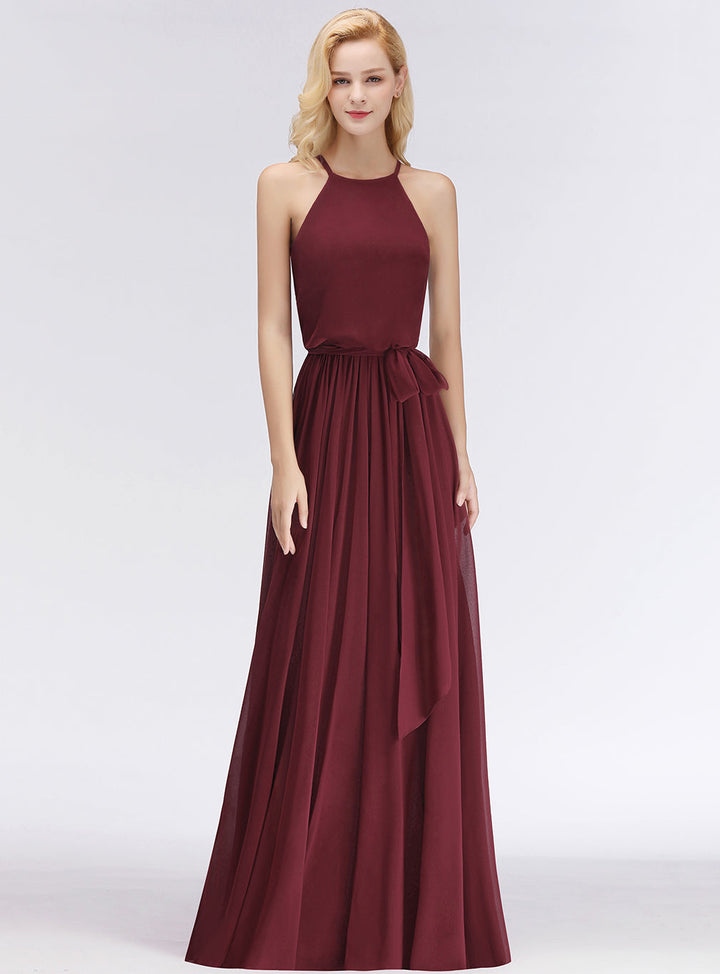 A-line Halter Ruched Chiffon Floor-Length Dress-koscy