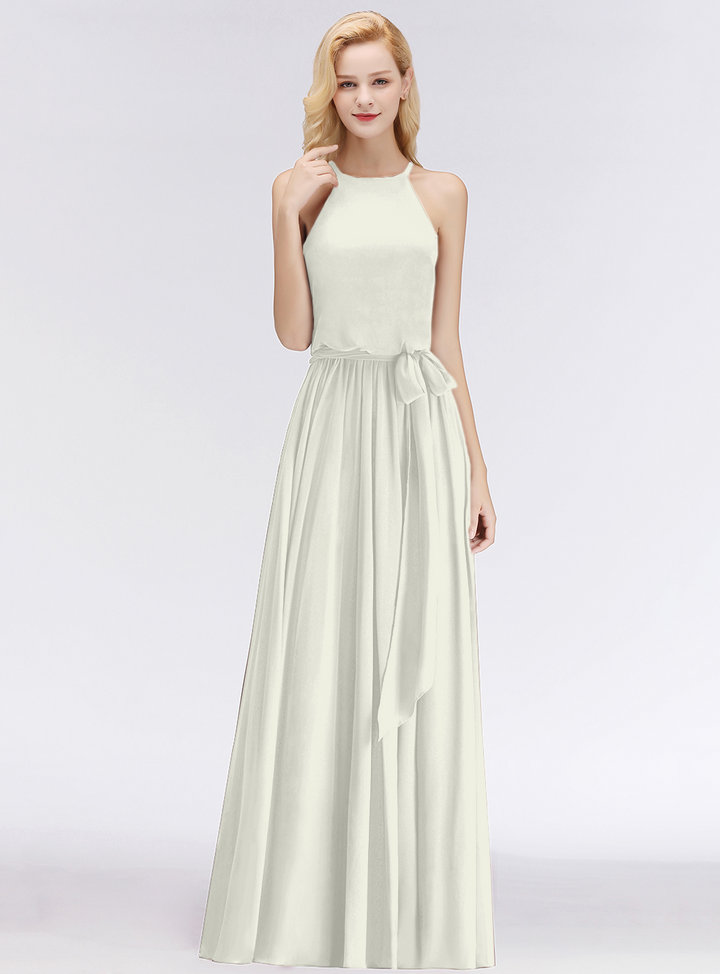 A-line Halter Ruched Chiffon Floor-Length Dress-koscy