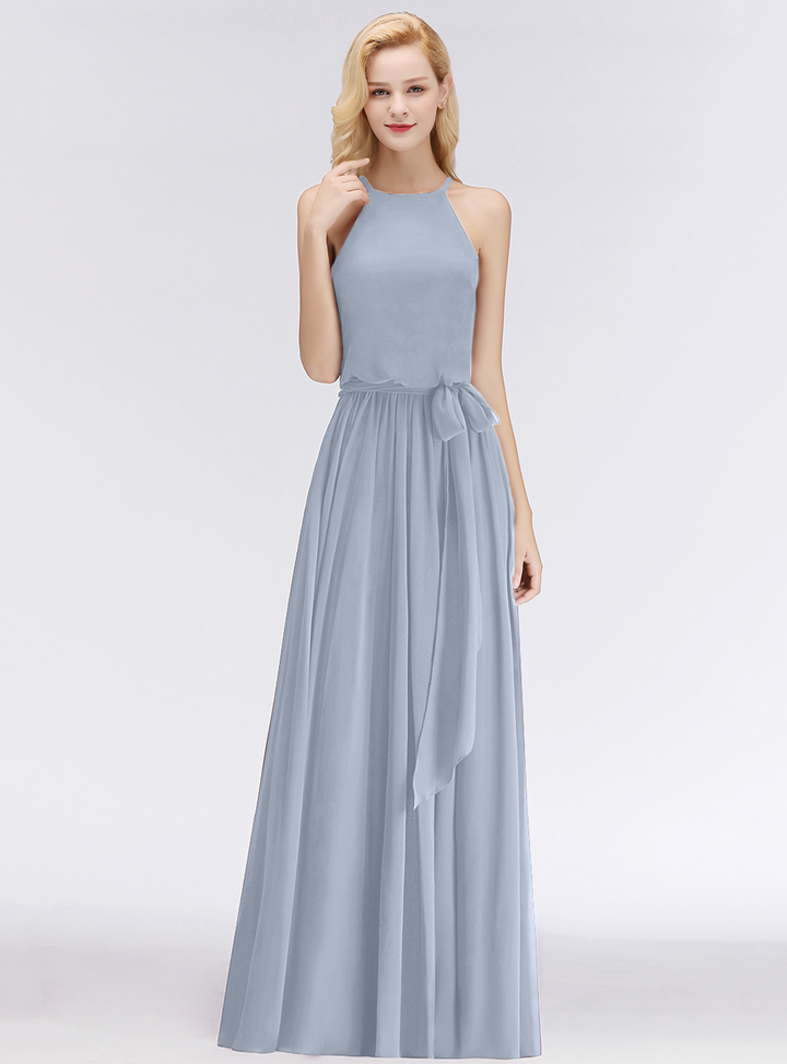 A-line Halter Ruched Chiffon Floor-Length Dress-koscy